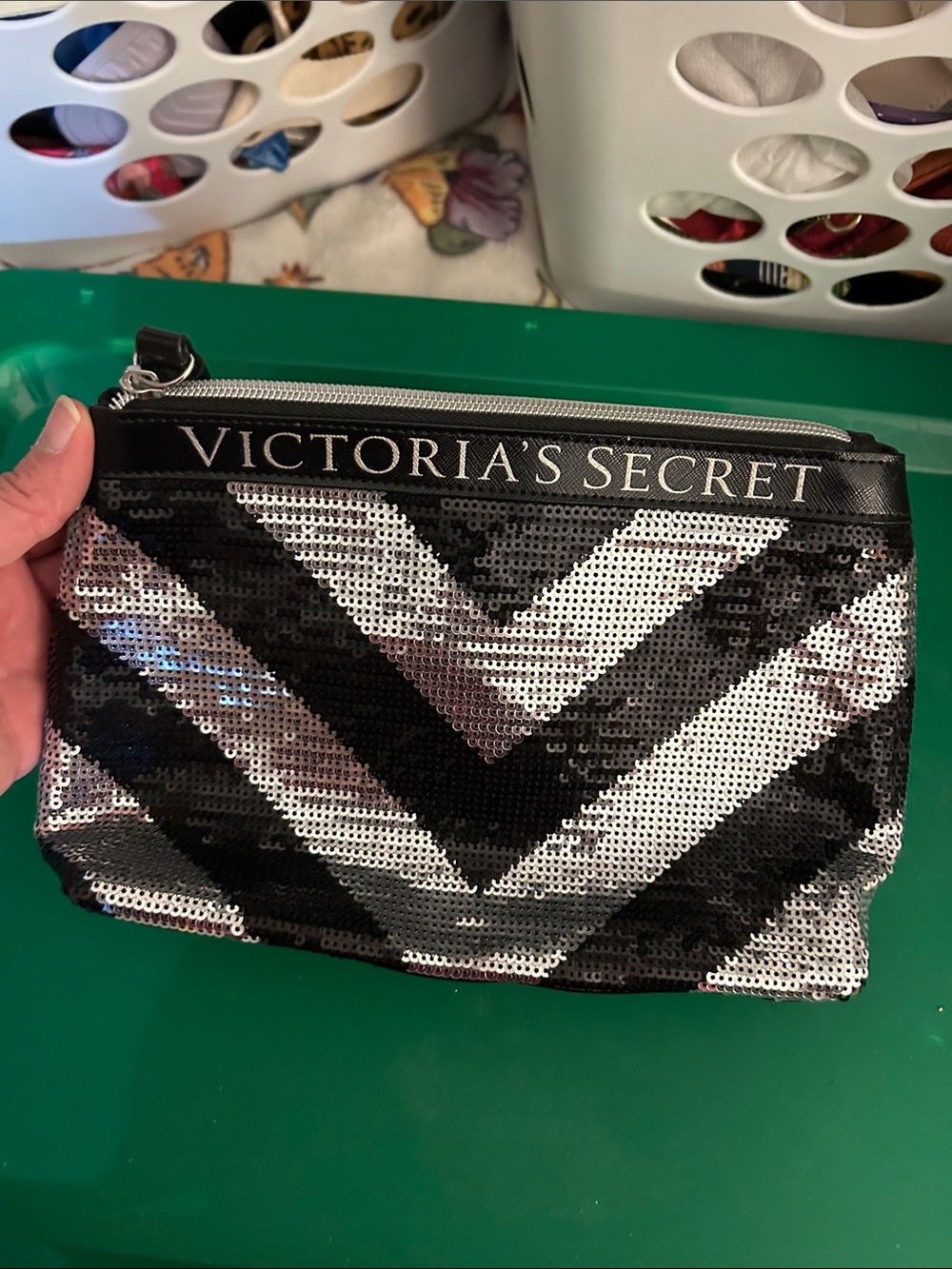 Victoria's Secret Black & Silver Chevron Sequin Cosmetic Bag